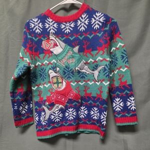 Festive Shark Pattern Sweater - Blue and Green